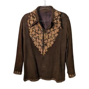Vintage 70's Women's Suede Jacket Floral Embroidered Pointed Collar